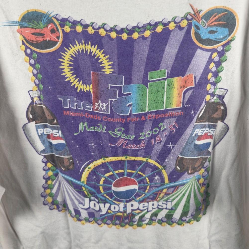 Vintage 2002 Pepsi Miami-Dade County Fair Mardi Gras T-Shirt Mens XL Hanes White